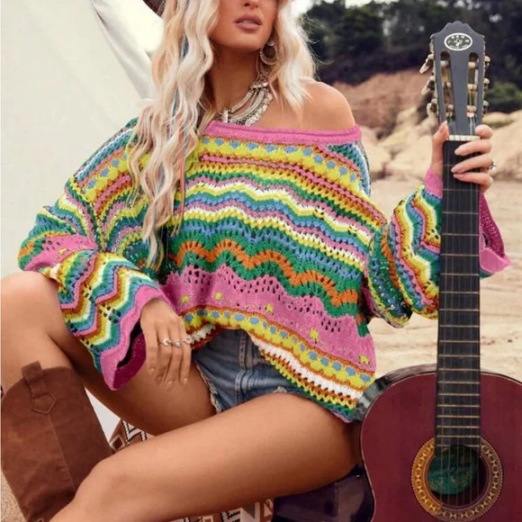 Boho Crocket Bell Sleeve Chevron Color Block Stripe Knit Sweater Top Blouse - Picture 7 of 8